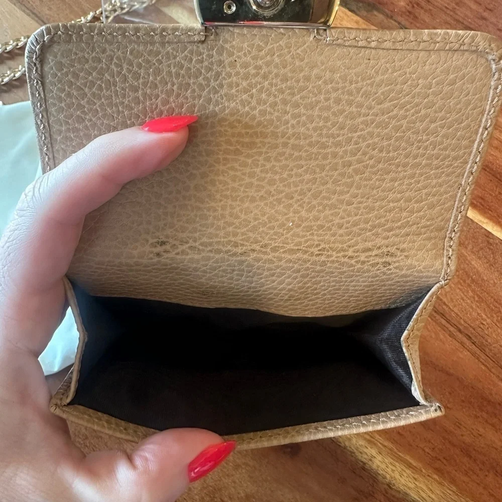 Gucci Beige Trifold Wallet with Gold Accent with gold Chain, Box and Dust Bag